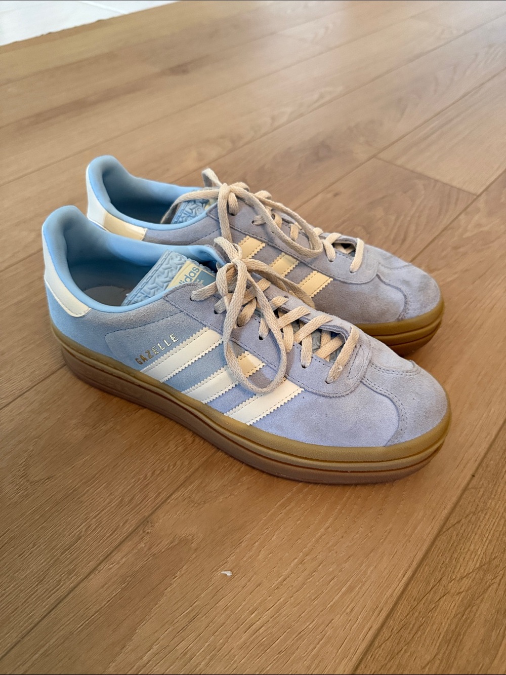 adidas Gazelle Platform Suede Sneakers in Light Blue and White with Gum Sole
